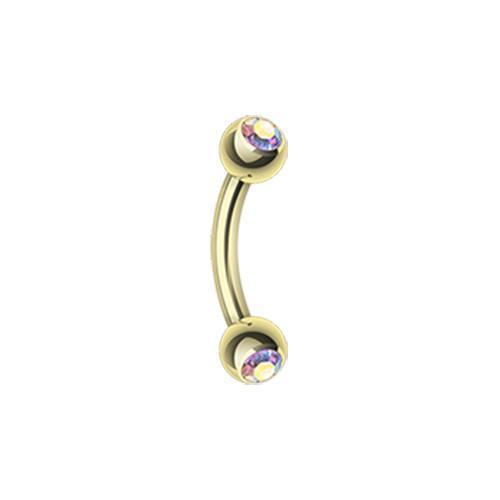 Aurora Borealis Gold Plated Double Gem Ball Curved Barbell Eyebrow Ring