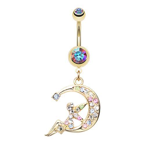 Aurora Borealis Golden Crescent Moon Fairy Belly Button Ring