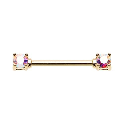 Aurora Borealis Golden Double Prong Brilliant Sparkle Gem Nipple Barbell - 1 Piece