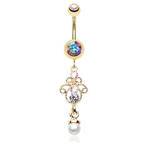 Aurora Borealis Golden Elegant Jeweled Pearl Dangle Belly Button Ring