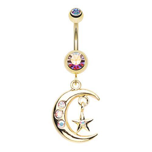 Aurora Borealis Golden Moon and Star Belly Button Ring - Rebel Bod