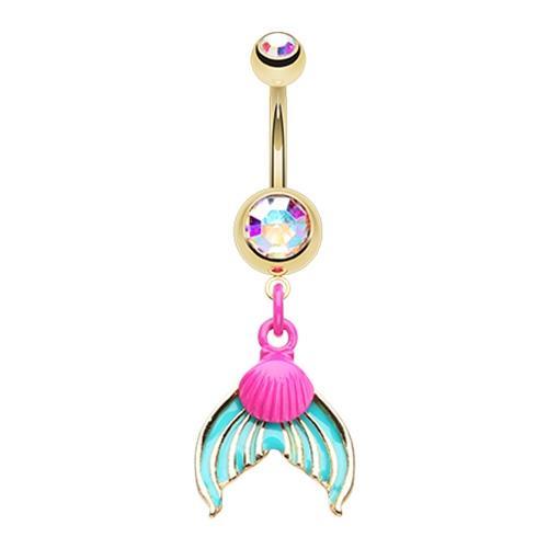 Aurora Borealis Golden Oceanic Mermaid Tail Belly Button Ring