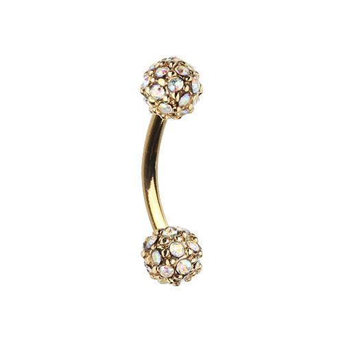 Aurora Borealis Golden Pave Diamond Full Dome Cluster Curved Barbell Eyebrow Ring