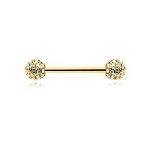 Nipple Barbell Aurora Borealis Golden Pave Diamond Full Dome Cluster Nipple Barbell Ring - 1 Piece -Rebel Bod-RebelBod