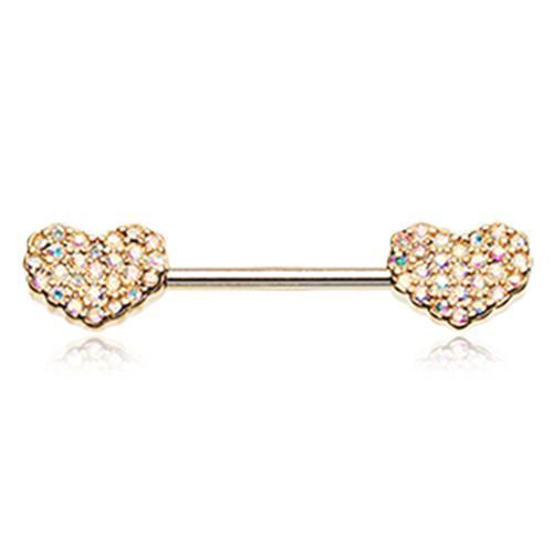 Aurora Borealis Golden Sparkle Multi-Gem Heart Nipple Barbell - 1 Piece