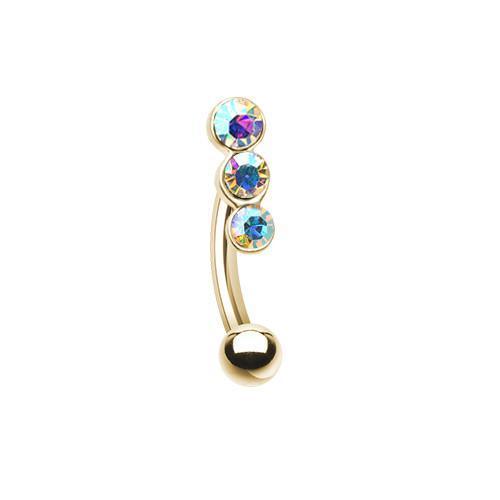 Aurora Borealis Golden Triple Linear Gem Curved Barbell Eyebrow Ring