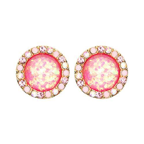 Aurora Borealis/Light Pink/Pink Golden Round Crown Opal Jeweled Combo Ear Stud Earrings - 1 Pair