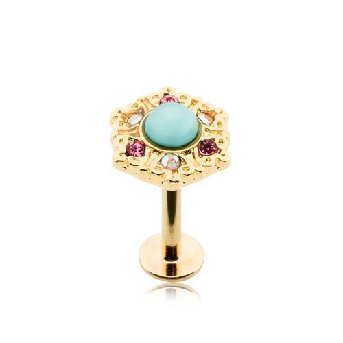 Aurora Borealis/Pink/Turquoise Golden Ornate Turquoise Center Top Labret