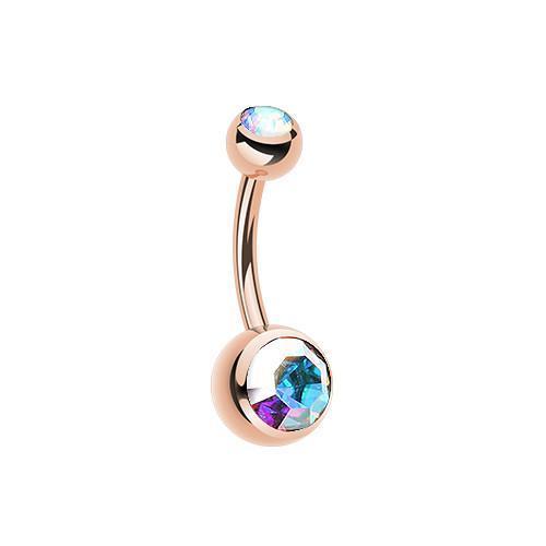 Aurora Borealis Rose Gold Double Gem Ball Belly Button Ring