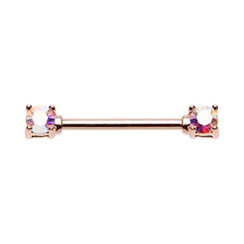 Aurora Borealis Rose Gold Double Prong Brilliant Sparkle Gem Nipple Barbell - 1 Piece