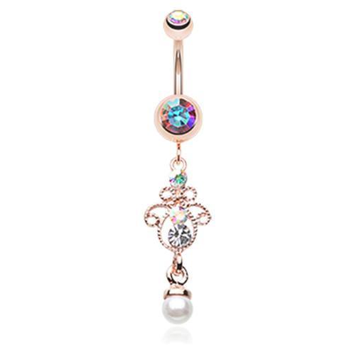 Aurora Borealis Rose Gold Elegant Jeweled Pearl Dangle Belly Button Ring