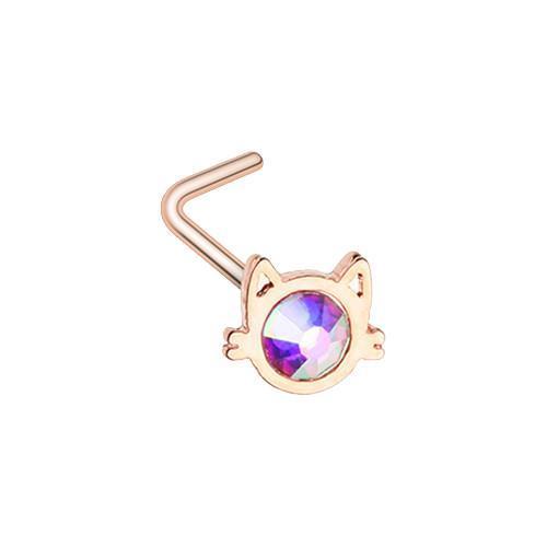 Aurora Borealis Rose Gold Iridescent Cat Silhouette Face L-Shape Nose Ring