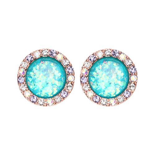 Aurora Borealis/Tanzanite/Teal Rose Gold Round Crown Opal Jeweled Combo Ear Stud Earrings - 1 Pair