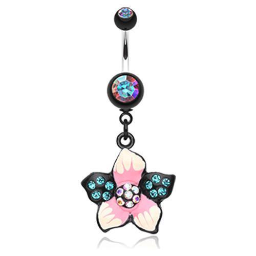 Aurora Borealis/Teal Hawaiian Luau Flower Multi-Gem Belly Button Ring