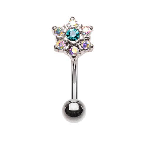 Aurora Borealis/Teal Magnificent Prong Flower Gem Curved Barbell Eyebrow Ring