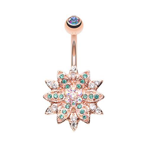 Aurora Borealis/Teal Rose Gold Flower Entice Belly Button Ring