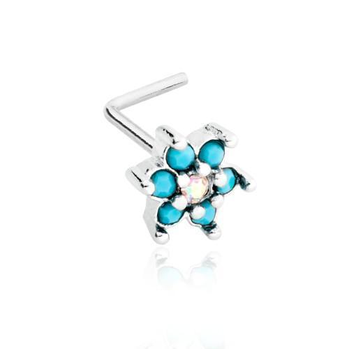 Aurora Borealis/Turquoise Turquoise Spring Flower Sparkle Prong Set L-Shaped Nose Ring