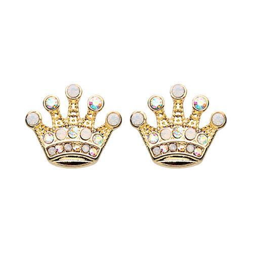 Aurora Borealis/White Golden Crown Jewel Multi-Gem Ear Stud Earrings - 1 Pair