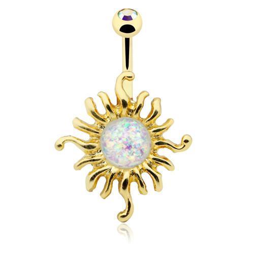 Aurora Borealis/White Golden Illuminating Opal Sun Belly Button Ring