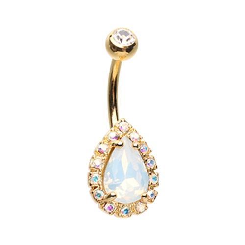 Aurora Borealis/White Golden Opalescent Teardrop Belly Button Ring