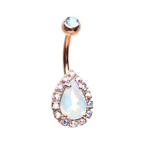 Aurora Borealis/White Rose Gold Opalescent Teardrop Belly Button Ring