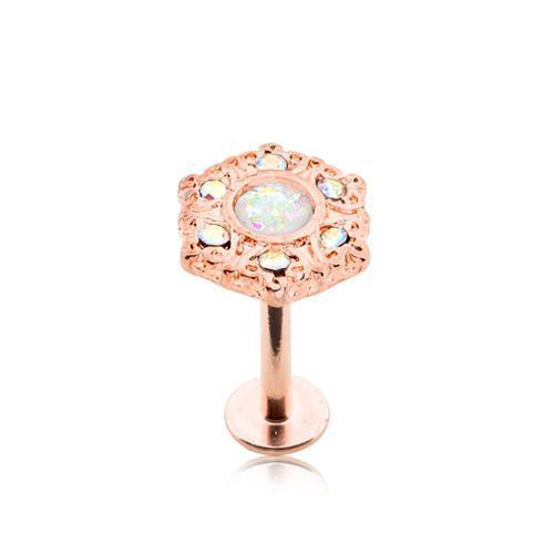 Aurora Borealis/White Rose Gold Ornate AB Gem Glitter Opal Top Labret