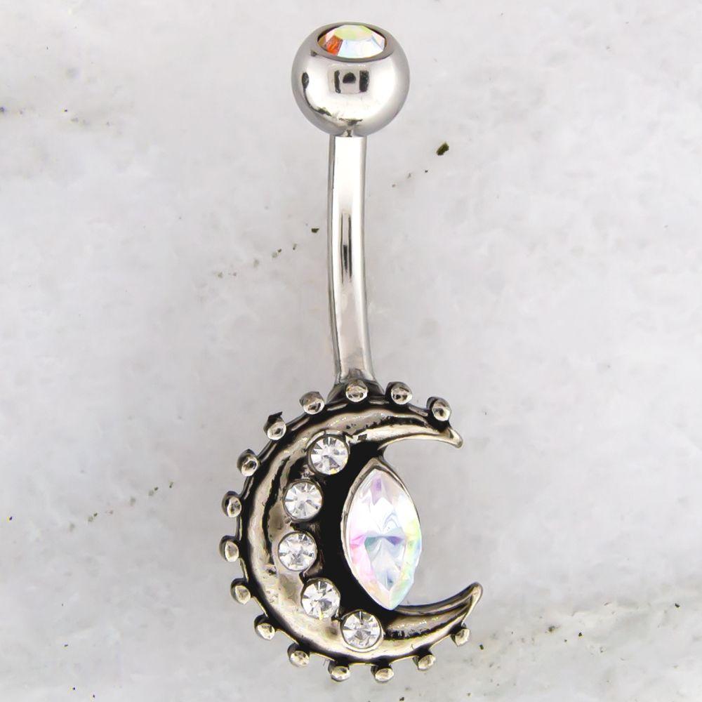 Belly Ring - No Dangle Beaded Gemmed Crescent Navel Ring - 1 Piece -Rebel Bod-RebelBod