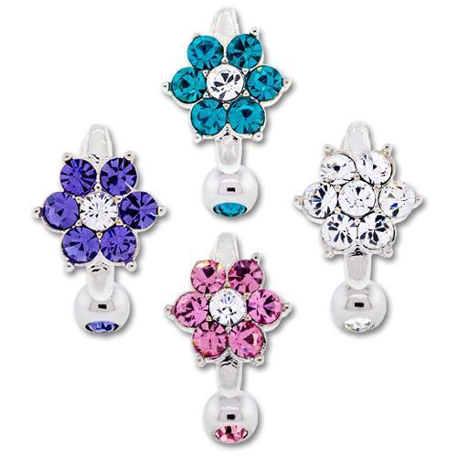 Belly Ring Gem Flower Top Drop Clear Bottom Ball Long Bar - 1 Piece