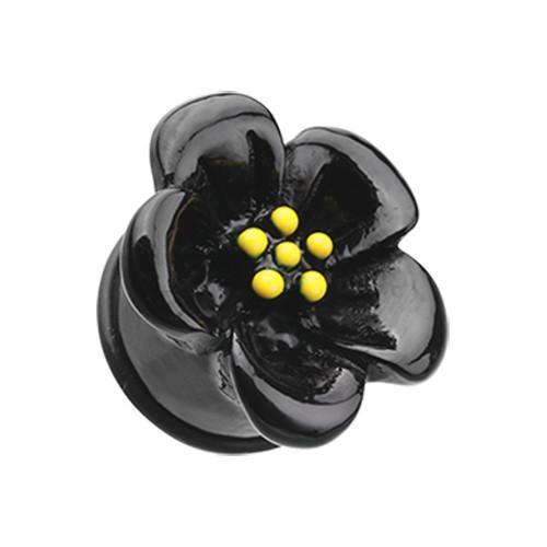 Black Adorable Hibiscus Flower Single Flared Ear Gauge Plug - 1 Pair