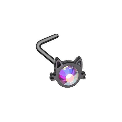 Black/Aurora Borealis Black Iridescent Cat Silhouette Face L-Shape Nose Ring
