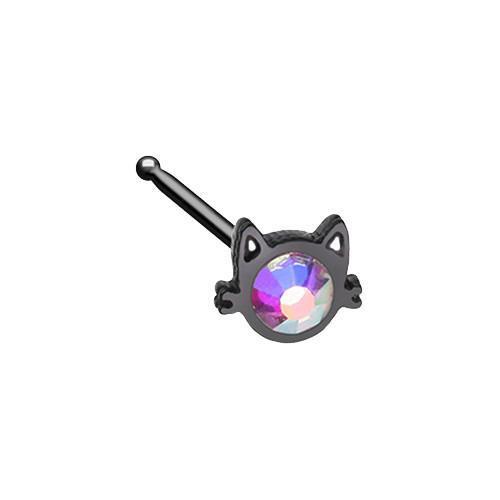 Black/Aurora Borealis Black Iridescent Cat Silhouette Face Nose Stud Ring