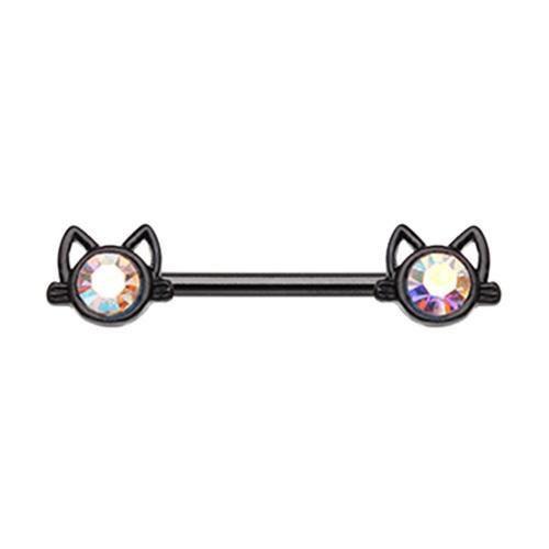 Black/Aurora Borealis Black Just Kittying Around Nipple Barbell - 1 Piece