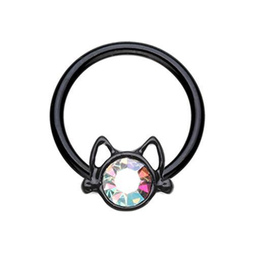 Black/Aurora Borealis Black Kitty Cat Captive Bead Ring