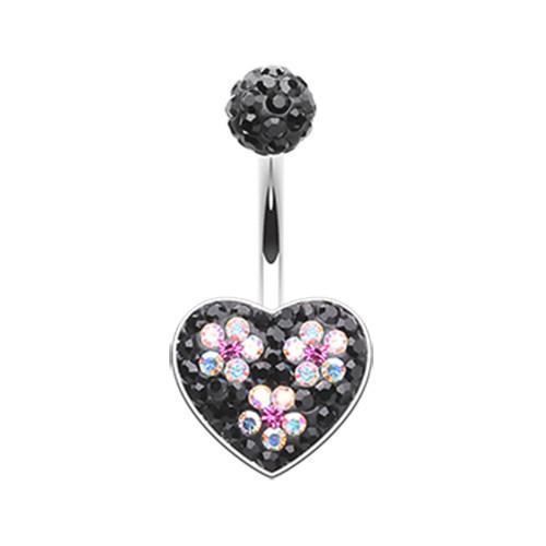 Black/Aurora Borealis Dark Blossom Heart Crystal Multi-Sprinkle Dot Belly Button Ring