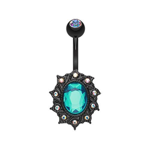 Black/Aurora Borealis/Teal Fiery Blossom Sparkle Belly Button Ring