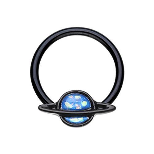 Black/Blue Black Saturn Planet Glitter Opal Steel Captive Bead Ring