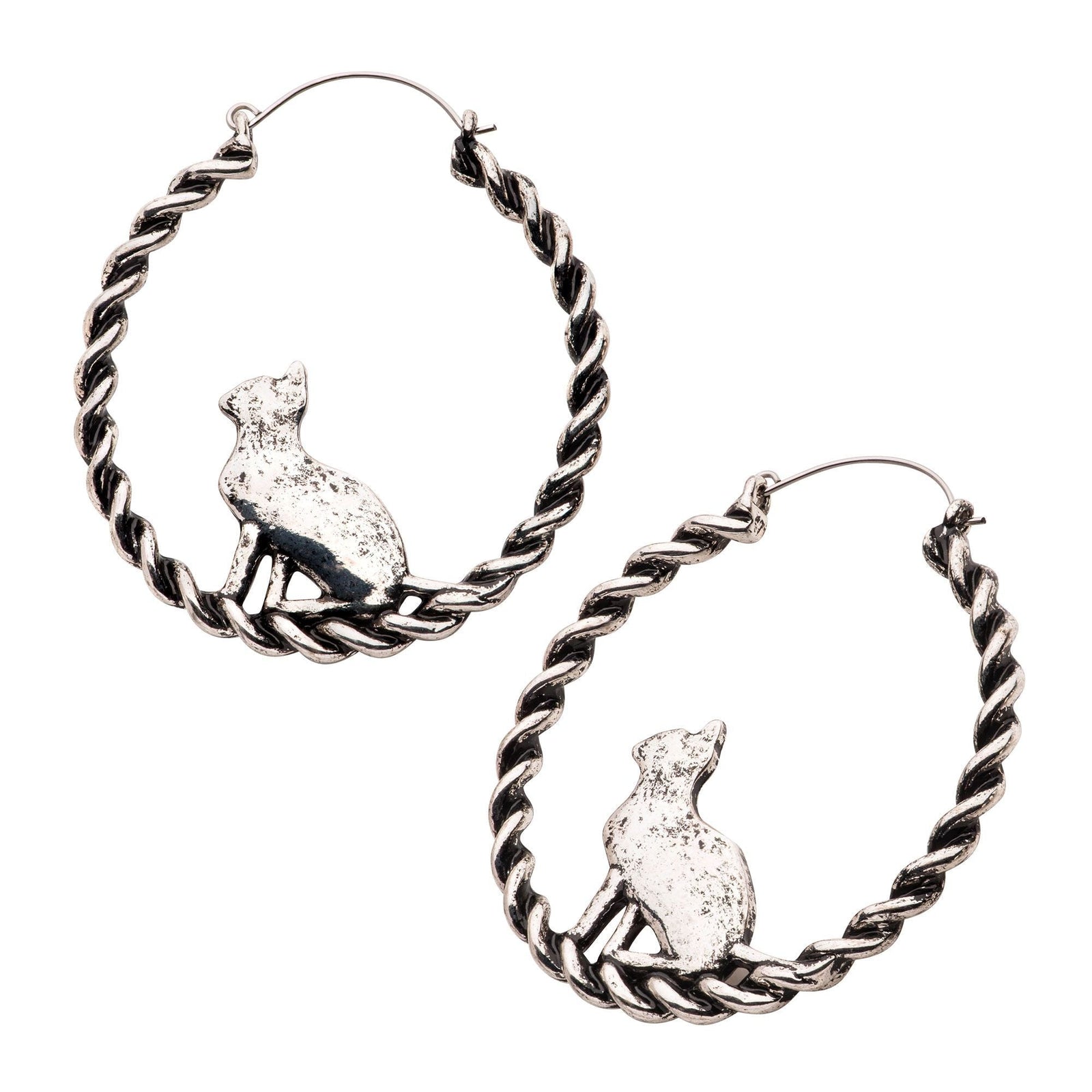 Tapers - Hanging Black Braided Sitting Cat Silhouette Plug Hoops -Rebel Bod-RebelBod