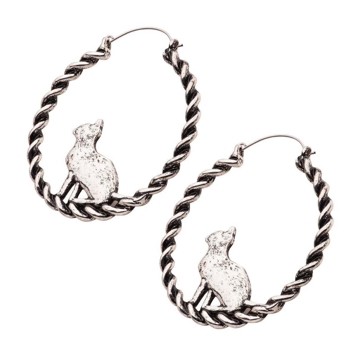Tapers - Hanging Black Braided Sitting Cat Silhouette Plug Hoops -Rebel Bod-RebelBod