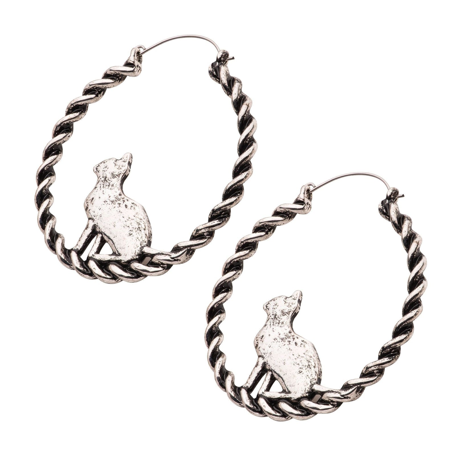 Tapers - Hanging Black Braided Sitting Cat Silhouette Plug Hoops -Rebel Bod-RebelBod