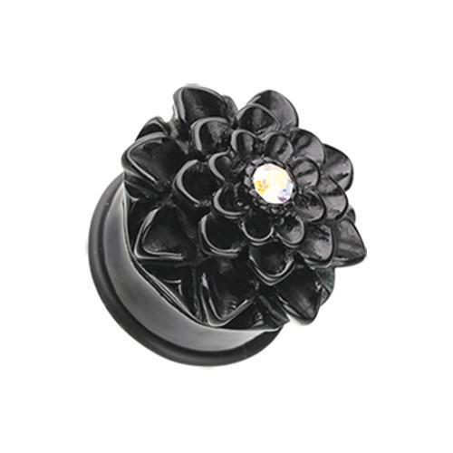 Black Charming Chrysanthemum Flower Single Flared Ear Gauge Plug - 1 Pair