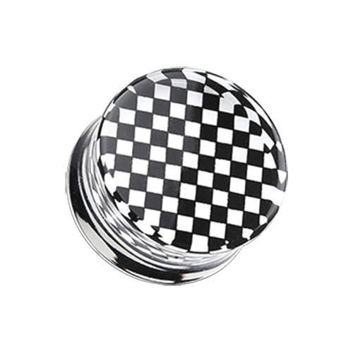Black Classic Checker Inlay Double Flared Ear Gauge Plug - 1 Pair