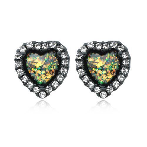 Black/Clear/Black Beloved Heart Opal Ear Stud Earrings - 1 Pair