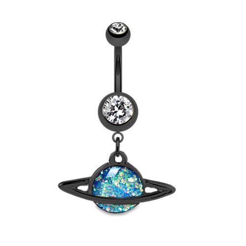 Black/Clear/Blue Black Saturn Planet Opal Belly Button Ring