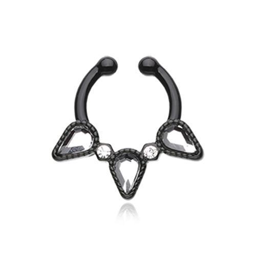 Black/Clear Sparkle Trident Fake Septum Clip-On Ring