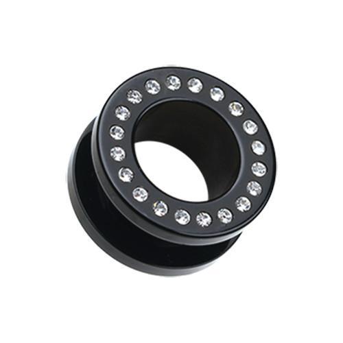Black/Clear Gems Encircle Screw-Fit Ear Gauge Tunnel Plug - 1 Pair