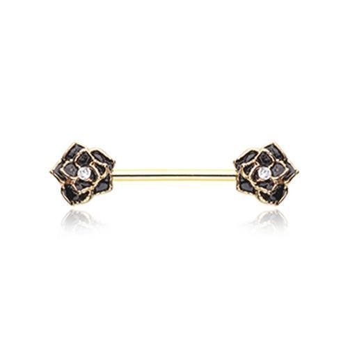 Black/Clear Golden Rose Sparkle Nipple Barbell Ring - 1 Piece