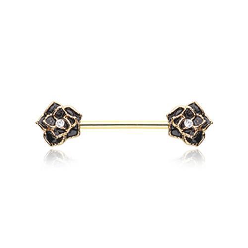 Black/Clear Golden Rose Sparkle Nipple Barbell - 1 Piece