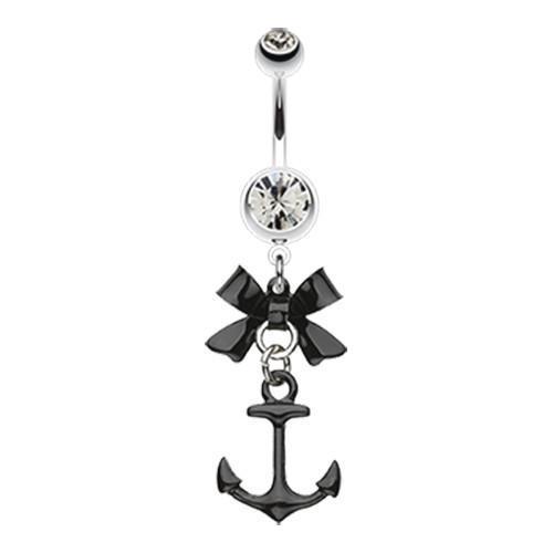 Black Diamond Cute Anchor Bow-Tie Steel Top Belly Button Ring