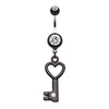 Black Gem Accented Heart Key Belly Button Ring