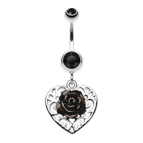 Black Glittering rose and Decorative Heart Belly Button Ring